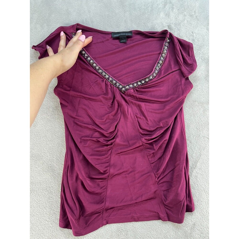 Express Blouse Womens Small Purple Cap Sleeve Beaded V-Neck Cocktail Stretch